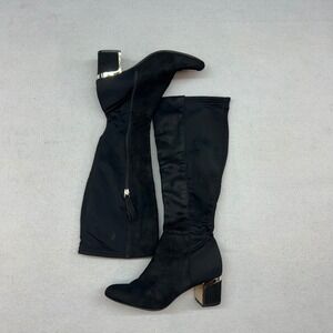 DKNY Womens Black Stretch Knee High Block Heel Boots Gold Accent Size 6.5